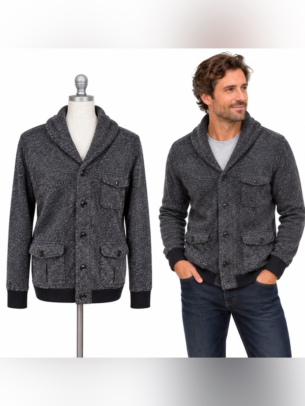 Crew Charcoal Gray Shawl Collar Fleece Cardigan Jacket Men’s L